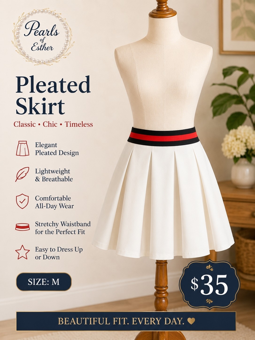 art class White Pleated Skirt with Black and Red Waistband
